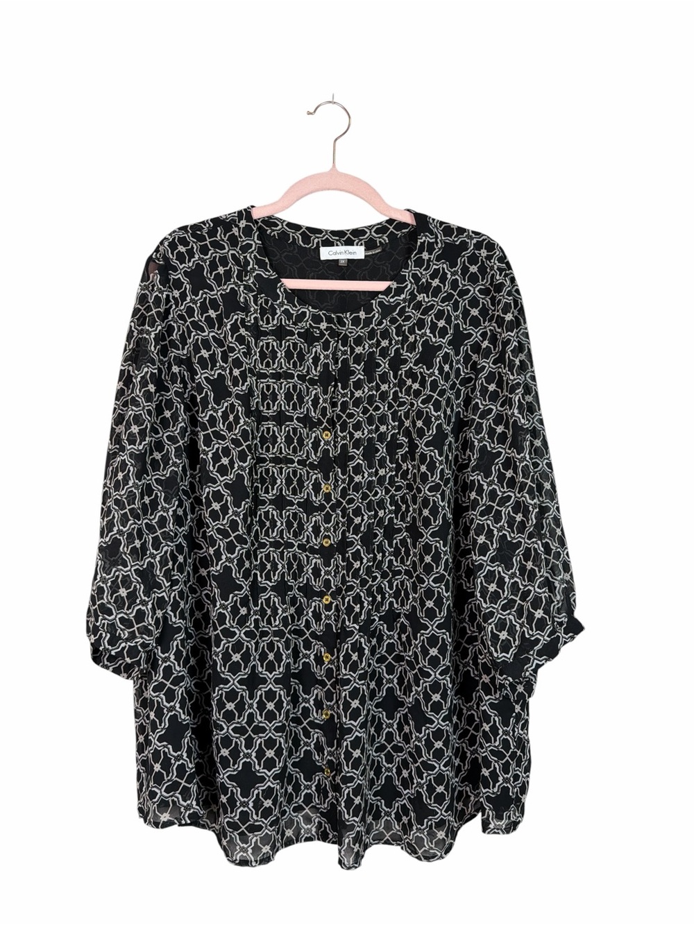 Calvin Klein Women’s Plus Size 2X Black Ivory Geometric Lattice Print Blouse